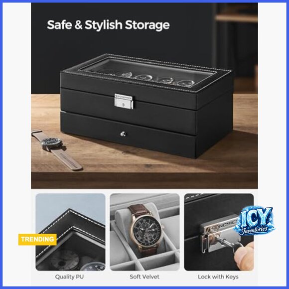 Watch Box Organizer with Glass Lid, 12 Slots, Removable Pillows, Metal Lock